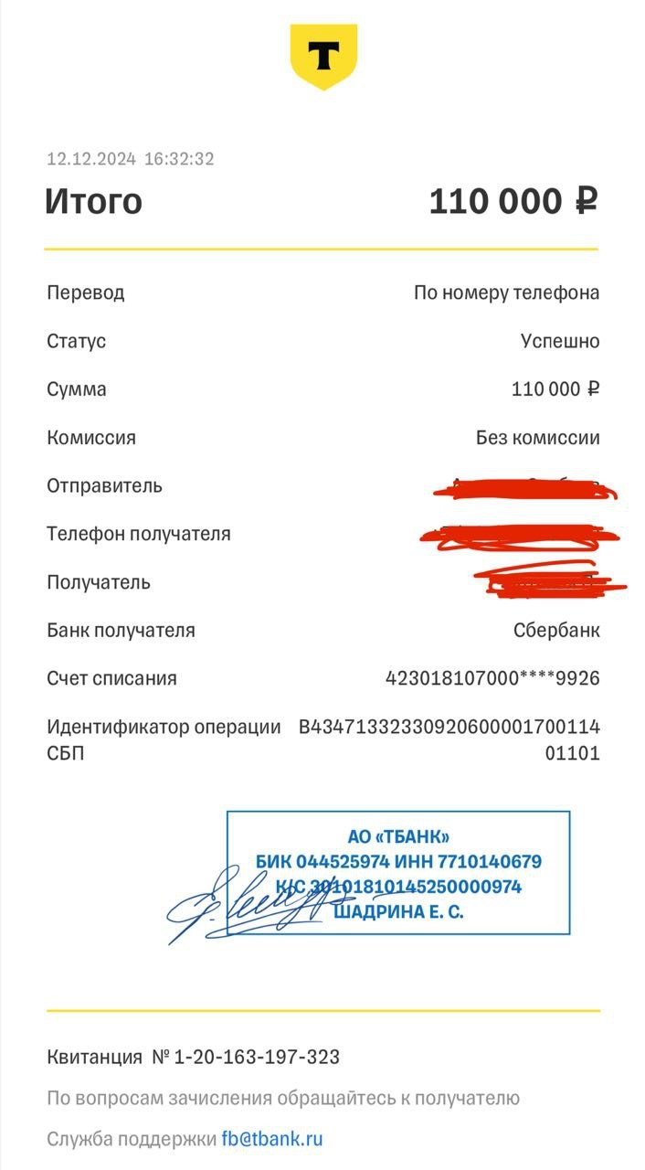 Скрин оплаты 100 000 рублей